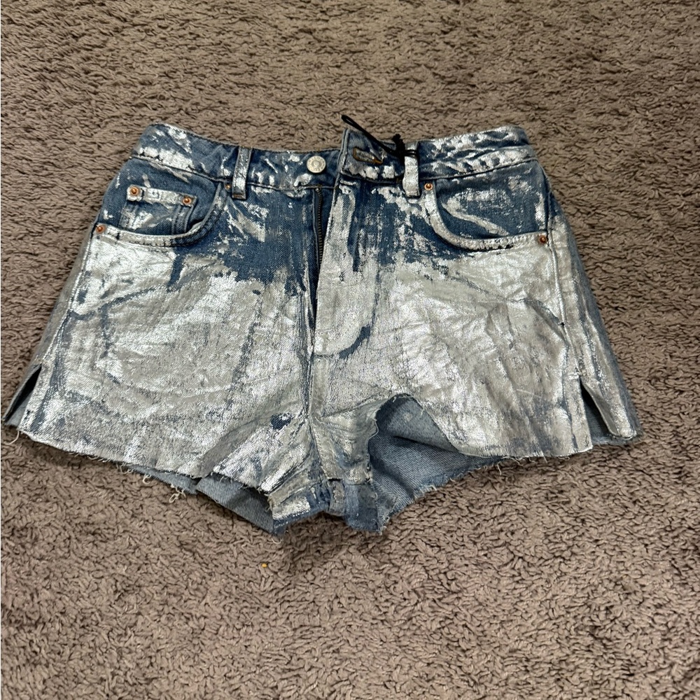 Topshop Metallic Silver Jean Shorts
